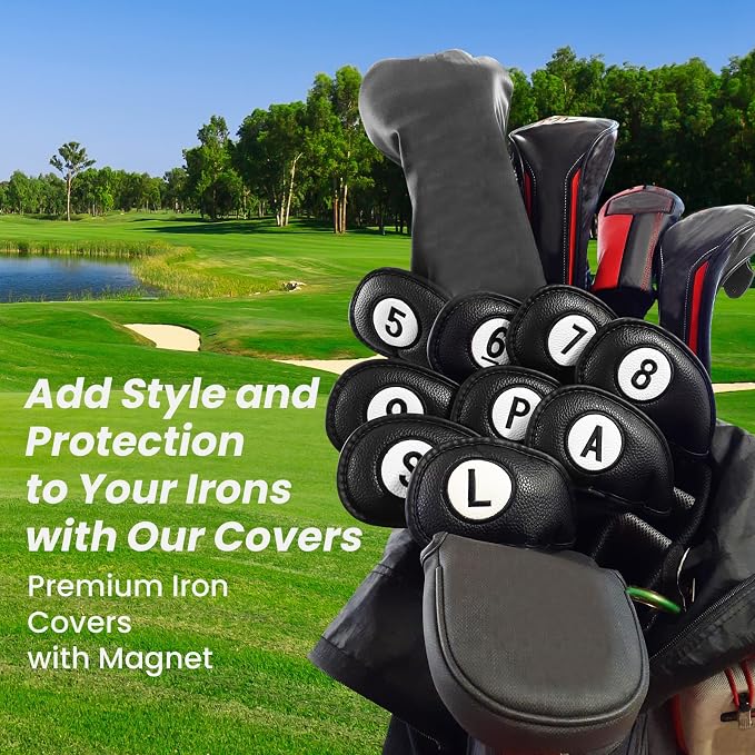 FINGER TEN Magnetic Golf Iron Headcovers Value 11 Pack, Durable PU Leather with Embroidered Numbers for Easy Identification, Multiple Colors Available Fits Most Iron Clubs
