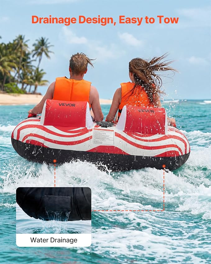 VEVOR Towable Tubes for Boating, 2-Rider Inflatable Boat Tubes and Towables, 340 lbs Capacity Water Sport Tubes for Boat to Pull - with 2 Cockpits, Full Nylon Cover, Padded Grab Handles & Safety Valve