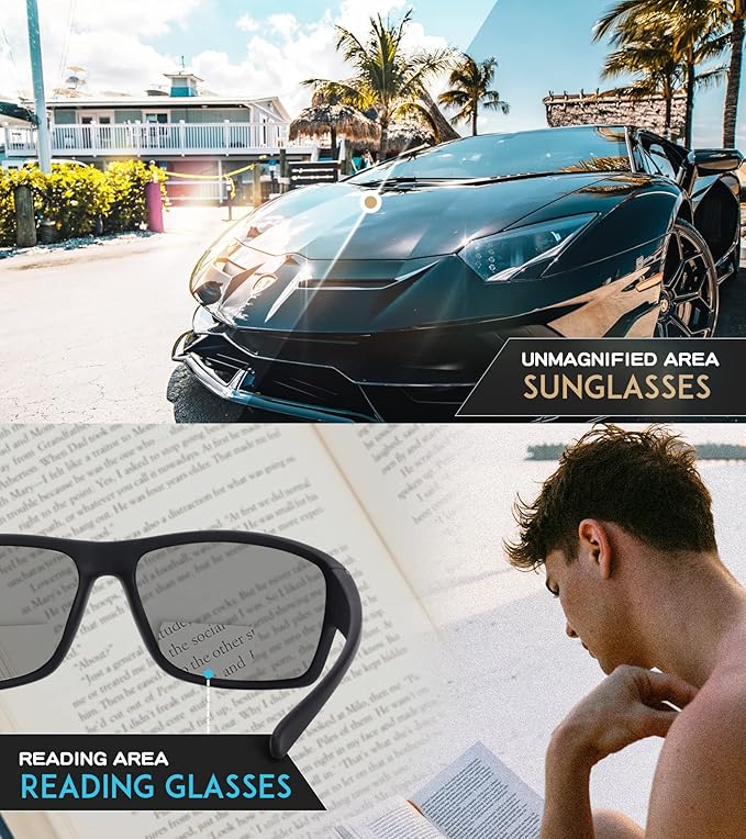 SKYOAK 2 PACK Upgraded Unbreakable Bifocal Reading Sunglasses Men TR90 Frame Wrap Around Design Glasses UV400 Protection Outdoor Sun Reader Sports/Driving (Black & Blue +2.0)