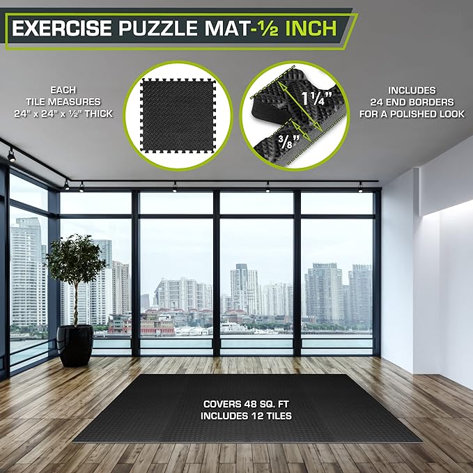 ProsourceFit Exercise Puzzle Mat ½-inch, EVA Interlocking Foam Floor Tiles for Home Gym, Workout Equipment, Kids Play Areas, Black, 48 SQ FT - 12 Tiles