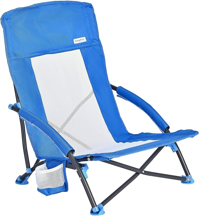 SUNNYFEEL Low Folding Beach Chair for Adults, Portable Lightweight Sling Beach Camping Chairs with Cup Holder, Armrest,Foldable Camp Lawn Chair for Outdoor Sand Concert Travel Sport Events,300LBS