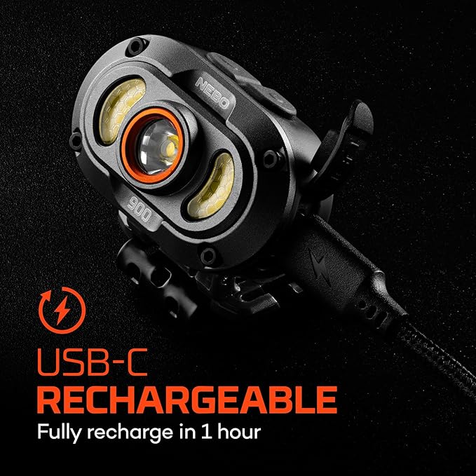 NEBO MYCRO 900+ Headlamp | 900 Lumen, 7 Light Modes, White & Red Light with Spot & Flood, USB-C Rechargeable, Water Resistant, Adjustable Strap, Cap Light Convertible, Ideal for Camping & Hiking