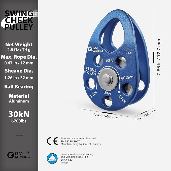 GM CLIMBING Swing Cheek Micro Pulley 30kN CE UIAA Certified