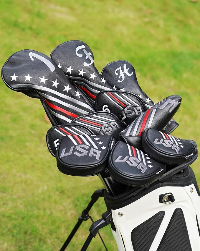 Big Teeth Golf Cover USA Stripe and Star Headcover Covers, Driver Fairway Wood Hybrid Headcovers Fits Blade Mallet Putter Iron and Woods with Magnetic Club Protector Pu Leather Golf Accessories