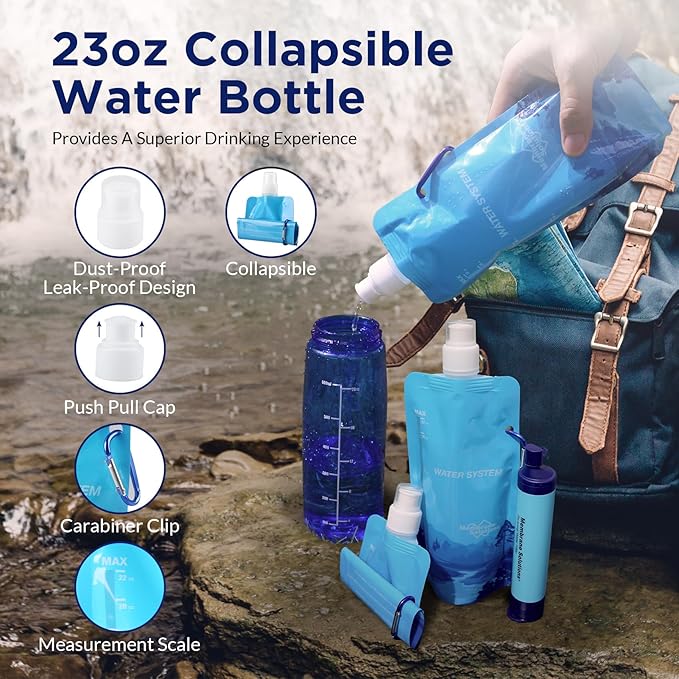 Membrane Solutions S2 Detachable Water Filter Straw (Pack of 4) with 23oz Collapsible Squeezable Water Filtration System.