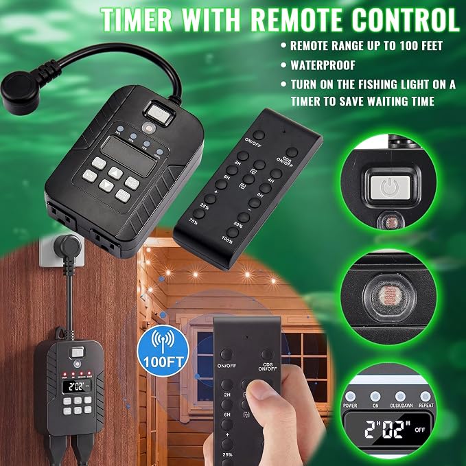 Tuanse Underwater Fishing Light with Timer & Remote 36W Green Super Bright LED IP68 Waterproof 30ft Cable for Night Fishing on Docks Boats & Kayaks (110V/12V/Car)