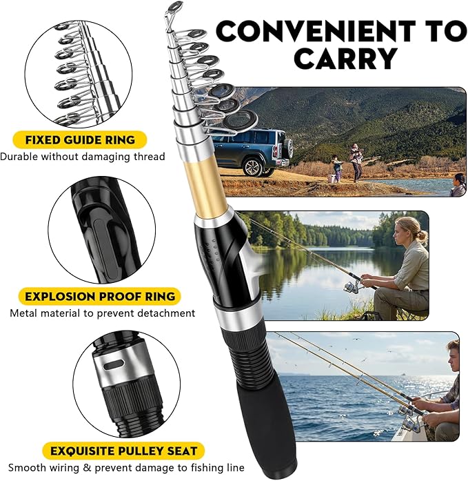 Fishing Pole Set Fishing Rod and Reel Combo,2PCS Collapsible Fishing Rod | 2.1M/6.89FT with 2PCS Spinning Reels 2 Set of Lures Baits and a Carrier Bag,Prefect for Fishing Travel