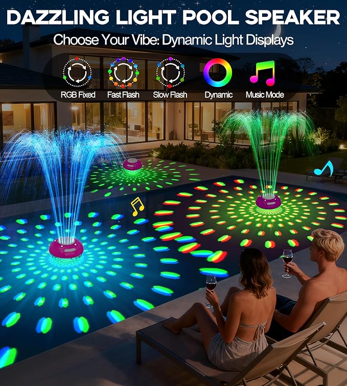 Luxfero 3 in 1 Pool Fountain with Bluetooth Pool Speaker, Floating Pool Fountain with Lights, IP68 Waterproof Hot Tub Speaker Pool Water Fountain Pump, BT5.4, Loud Sound Pool Fountain Speaker-Purple