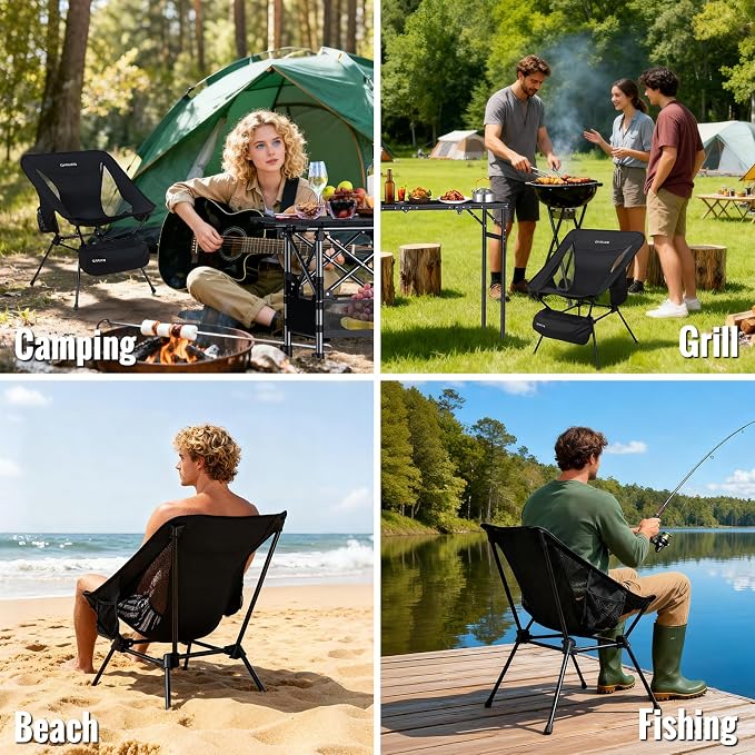 GARLLEN Portable Camping Chair 220LBS Capacity, Folding Backpacking Chair with Both Side Pockets, Folding Travel Chair with Carrying Bag & Anti-Slip Feet for Camping, Hiking, Picnic, Beach