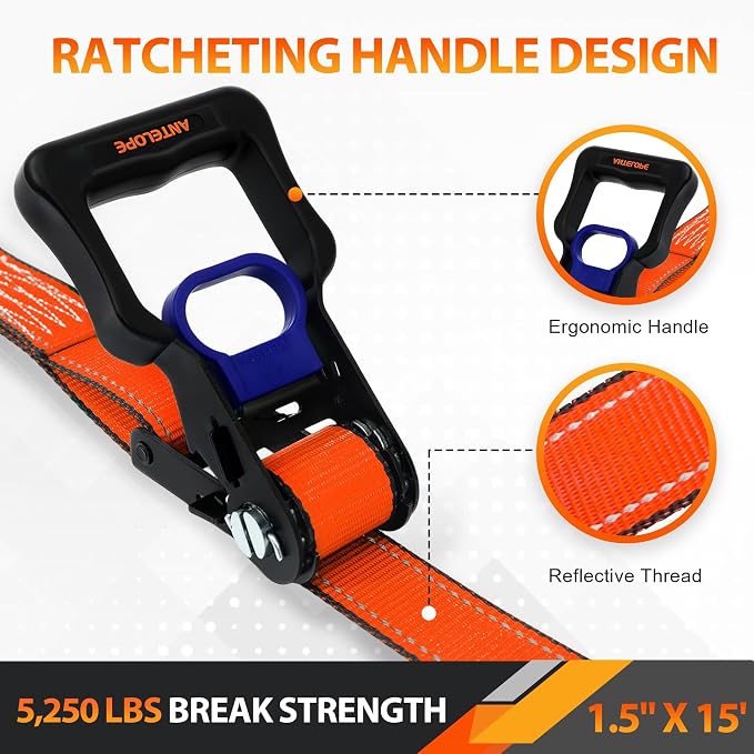 Ratchet Tie Down Straps Set, 5250 LBS Breaking Strength, 4 Pack 1.5" x 15' Heavy Duty Ratchet Straps, Cargo Strap, Motorcycle Straps for Trucks, Bicycle, Kayak, Moving, Tie Downs with S Hooks, Orange