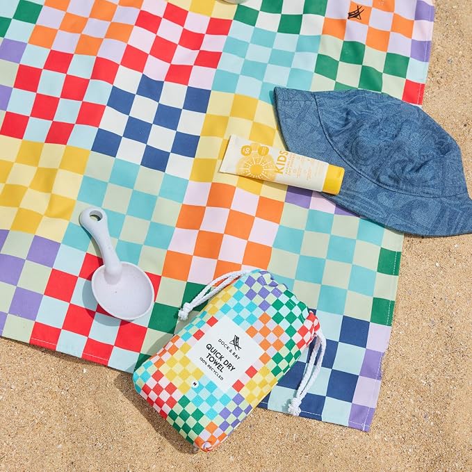 Dock & Bay Kid's Towel - for Beach Use - Quick Dry, Sand Free - Compact, Lightweight - 100% Recycled - Includes Bag - Check Me Out, Medium (130x70cm, 51x28)