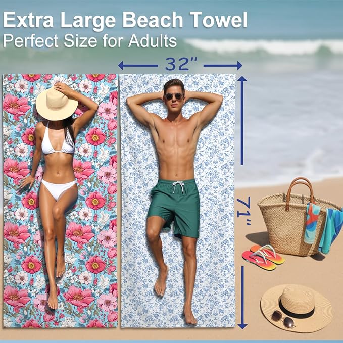2 Pcs Microfiber Beach Towel Sand Free Quick Dry Oversized Vintage Shabby Chic Floral Dusty Blue White Design Pool Travel Essentials Bath Towels for Adults 71 x 32 Inches