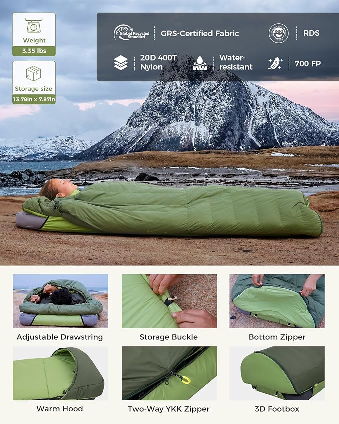 ATEPA Down Sleeping Bag for Adults, Recycled Ultralight 35°F 40°F 45°F 50°F 650FP / 700FP 3 Season Compact Sleeping Bags with Compression Sack for Backpacking Camping Hiking, Can Be Attached to Pad