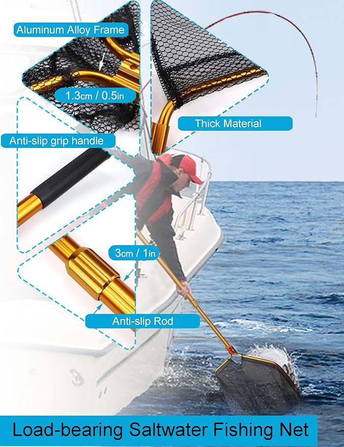 Extra Large Saltwater Fishing Net - 70.8"-105" Heavy Duty Telescopic Aluminum Handle, 37" Deep Snag-Free Rubber Mesh for Big Catfish Bass, Kayak Fishing Net with Carrying Bag