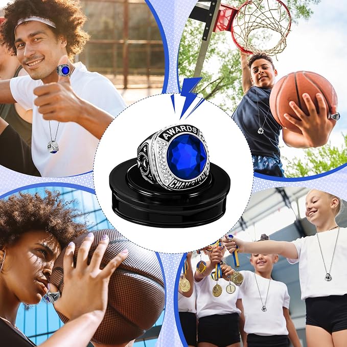 Landical 10 Pcs Championship Trophy Rings Bulk MVP Winner Youth Award Gift with Neck Chains and Display Stand for Basketball Baseball Football Volleyball Softball