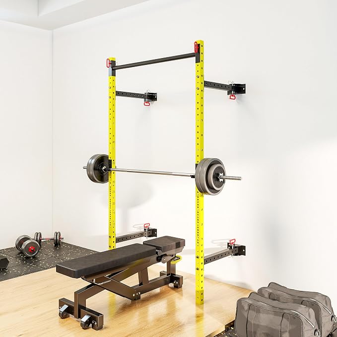 Soozier Folding Squat Rack with Adjustable Pull-Up Bar, 1000 Pounds Capacity Wall Mounted Power Rack, Adjustable Steel Barbell Rack with J Hooks for Home Gym Full Body Workout