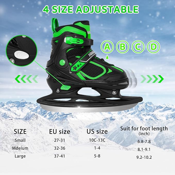 MammyGol Adjustable Ice Skates for Kids Youth Tean Hockey Lace-Up Boys or Girls Ice Skate for Beginner Age 4-12 Blue Black Teal Green