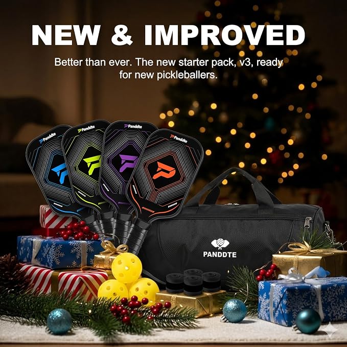 Pickleball Paddles Set of 4, Complete Family Starter Kit – 4 Balls (Indoor & Outdoor), 4 Overgrips & Bag, Lightweight Carbon Fiber Rackets for Beginners & Intermediate, Ready to Play Anywhere