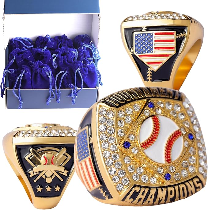 12 pcs Pack Gold Champions Silver Finalist Baseball Championship Trophy Ring Baseball Awards for Teams,Baseball Players Awards Size 9