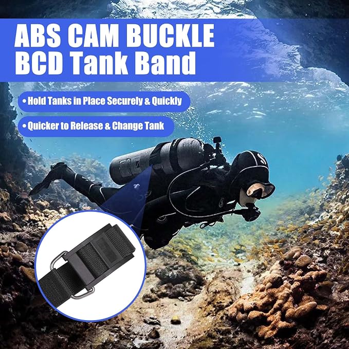 Scuba Diving BCD Tank Band, Adjustable and Durable Dive Tank Strap with Cam Buckles and Non-Slip Pads for Underwater Diving, 2 Pack