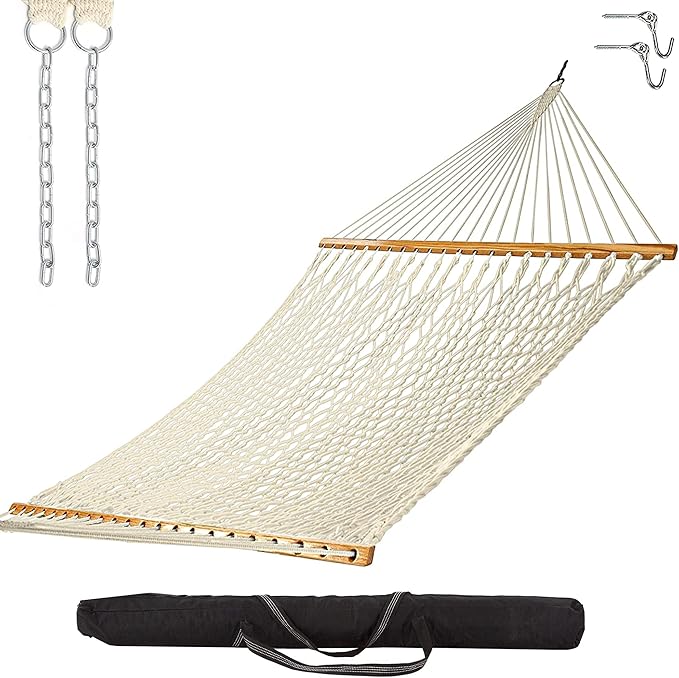 Castaway Living 13 ft. Double Traditional Hand Woven Oatmeal Cotton Rope Hammock – 2-Person, 450 lb Capacity, Free Extension Chains & Tree Hooks, Designed in The USA