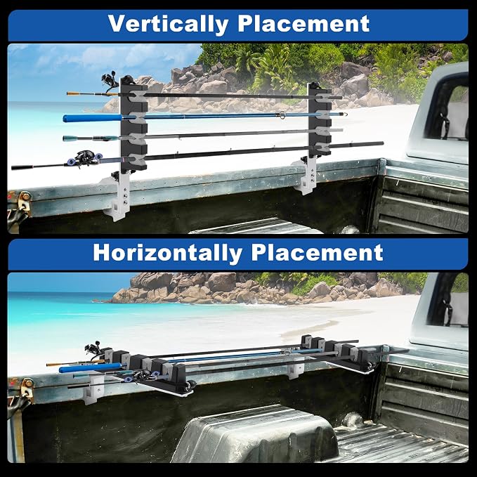 2x Aluminum Fishing Rod Holder for Truck Bed, 4 Rods Capacity, Stable C-Clamp Mount, Fishing Pole Storage Rack Holder for Truck Pickup Boat, Horizontally or Vertically Place