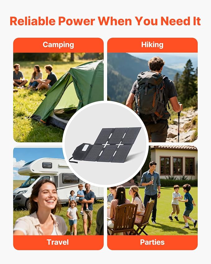 VEVOR 60W Foldable Solar Panel Charger, 16BB N-Type Monocrystalline Solar Panel 24% Efficiency, Lightweight Portable with MC4 Output, Type-C, USB-A & DC Ports for Power Stations Camping Hiking