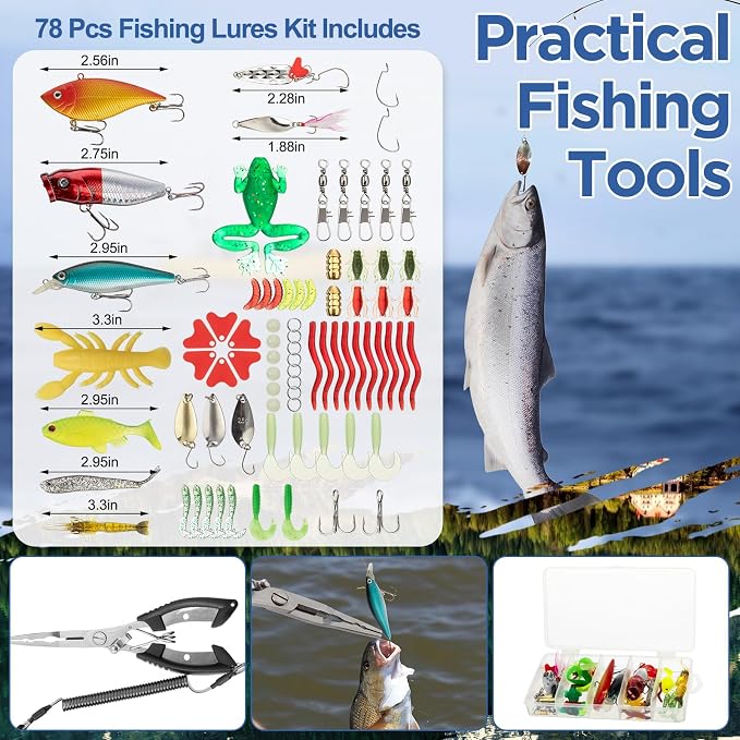 RoundFunny 85 Pcs Fishing Backpack with Tackle Boxes, Tackle Sling Bag with Rod Holder, Fish Lures and Pliers, Fish Tools Gears & Equipment Father's Day Fishing Gift for Dad Men