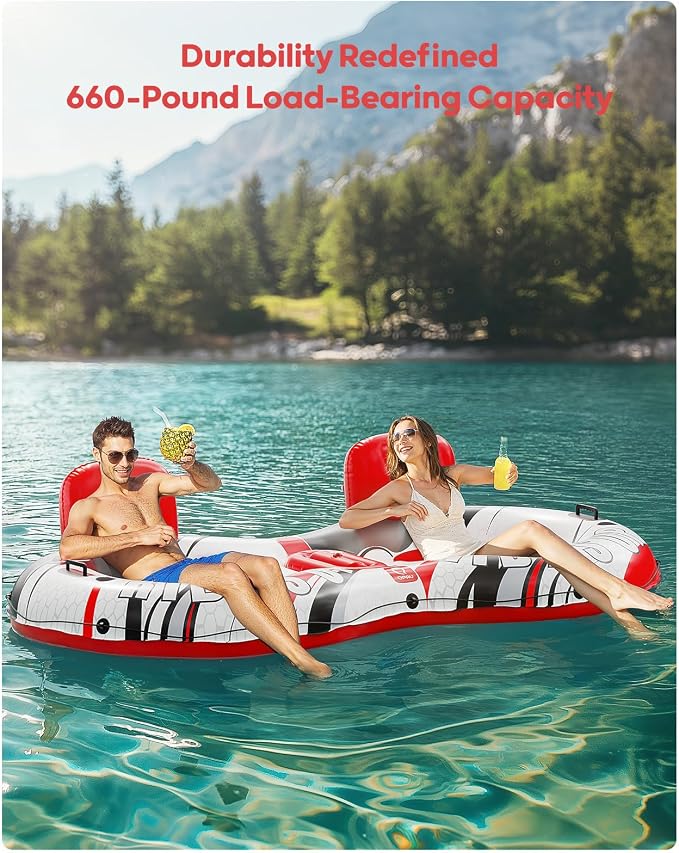 QPAU Inflatable Double River Tube, 2 Person 660lb Capacity, Puncture-Resistant 93" Sturdy Heavy Duty River Float, River Raft with Ergonomic Backrest, Cooler & Cup Holders for Family