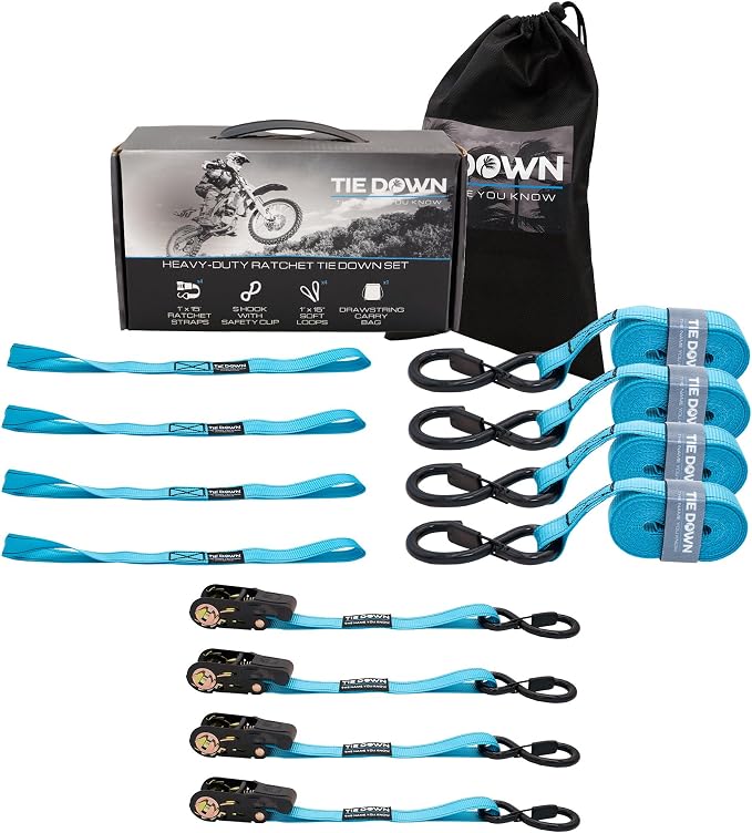 Tie Down 1 inch x 15 ft Blue Ratchet Strap, 4-Pack Kit - 1823 lbs. Breaking Load Limit