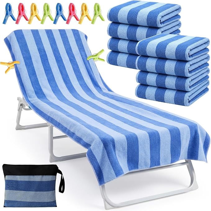 Gilprop 8 Packs Oversized Stripe Beach Towels XL L Microfiber Clearance Pool Towels with Bags Clips Soft Absorbent Quick Dry Camping Swim Towel for Adult Women Men Travel Family (60×30 in,Blue)