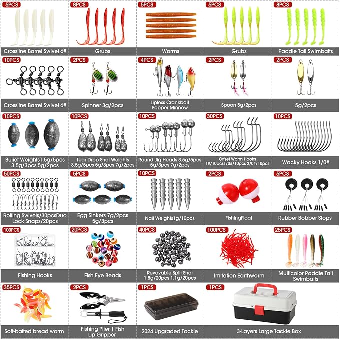 517 Pcs Large 3 Layers Tackle Box with Tackle Fishing Lures Kit Included Pliers, Fish Lip Gripper, Crankbait, Hooks, Other Accessories Fishing Kit for Men Gifts Summer Vacation(Black White)