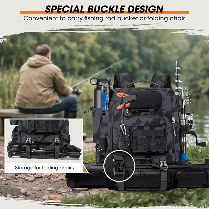 RAINSMORE Fishing Backpack with Rod Holders & Cooler 40L Water Resistant Tackle Backpack with Rain Cover Store Fishing Gear