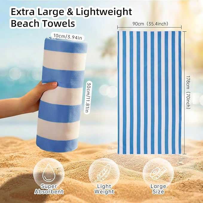 JOYMOOP 3-Pack Microfiber Beach Towel Set – 70" x 35.4" Ultra-Absorbent Beach Towels Oversized, Sand-Free & Portable, Quick-Dry Cabana Stripe Towels with Travel Storage Bags (Blue & White)