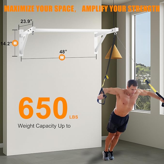 Pull Up Bar Wall Mounted, Heavy Duty 650 lbs Capacity Chin Up Bar, 48" Multi-Grip Strength Training Pull-up Bars, for Home Gym Garage/Backyard Total Body Workout, Ease Of Use Mounting
