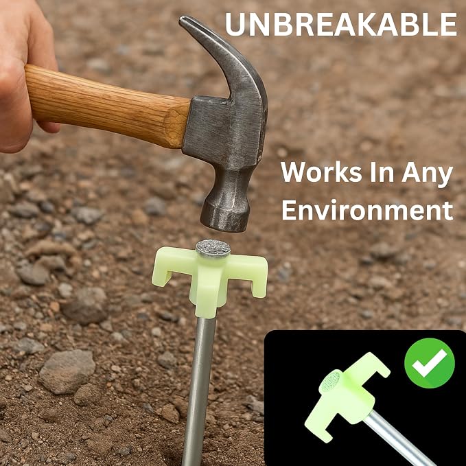 10" Glow in the Dark Tent Stakes - Unbreakable Rebar Stakes, Metal Stakes Heavy Duty, Camping Spikes with High Impact, 5/16" Diameter Corrosive Resistant Ground Anchor, Made in USA Metal Tent Anchors