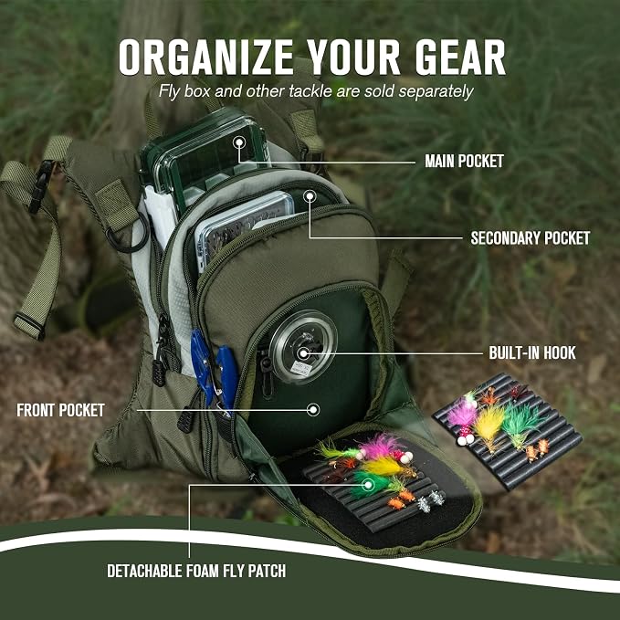 Goture Fly Fishing Chest Pack, Lightweight Chest Pack Tackle Storage Bag, Fly Fishing Waist Pack, Fly Fishing Bag with Adjustable Padded Waist Strap and Neck Strap, Fits Up to 2 Tackle/Fly Boxes