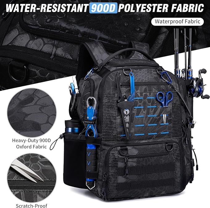 Fishing Tactical Backpack with 2 Rod Holders, Waterproof Tackle Bag with Bottle Holder,50L Large Storage Bag for Fishing Gear and Equipment, Black Camo
