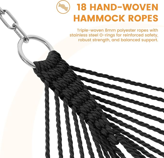 Lazy Daze Hammocks 10.5 FT Double 2 Person Caribbean Rope Hammock, Hand Woven Polyester Hammock with Spreader Bars, for Outside Outdoor Backyard Patio Poolside, 450 LBS Capacity, Black/White