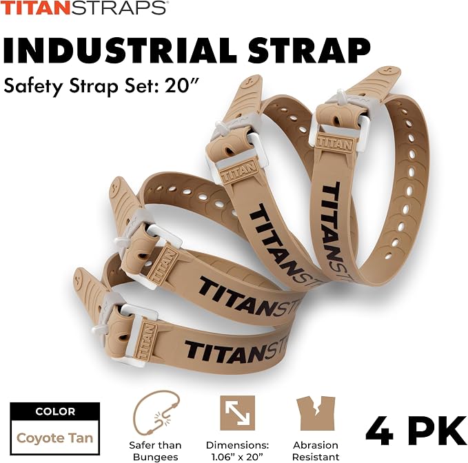 Titan Industrial Straps – Safety Strap Set to Secure Splits, Cargo Bikes, Garden Hoses, Wood Working Projects – 70 lb. Working Load, 20" Length, 4-Pack Coyote Tan