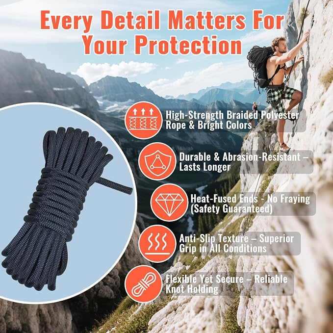 10.5mm Static Climbing Rope - 32FT Rock Climbing Rope for Adults & Kids, Outdoor Heavy Duty Rappelling Ropes for Fire Rescue, Escape, Ice Climbing, Parachute, Caving - Black