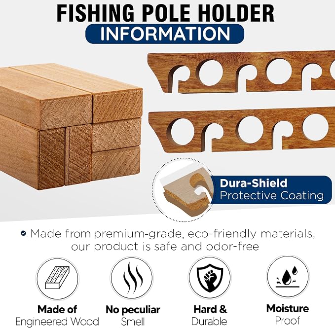 Rush Creek Creations 8 Fishing Rod Wall or Ceiling Storage Rack, Vertical or Horizontal Holder for Garage, 8 Rod and Reel Combo Capacity