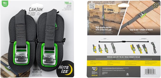 Nite Ize CamJam Tie Down Strap - Tie Down Ratchet Straps - Straps for Trucks & Cars - Tie Downs for Luggage & Gear - 18 ft Strap, Green (Pack of 2)