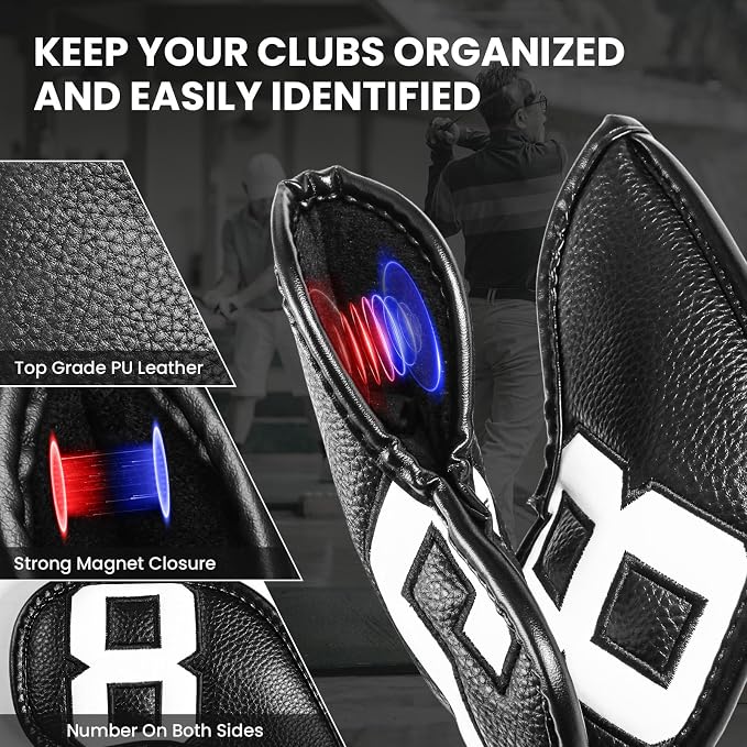 Golf Iron Covers Set Strong Magnetic Closure Value 10 Pack, Double Side Number Synthetic Leather Deluxe Club Headcover, Universal Head Cover Fit Main Irons Clubs for Women Men