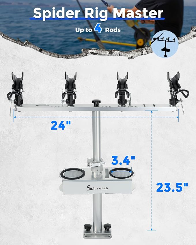 Spider Fishing Rod Holders for Boat, Aluminum Crappie Fishing Pole Mount, Adjustable Height & Angle, Boat Rod Rack for Spider Rigging