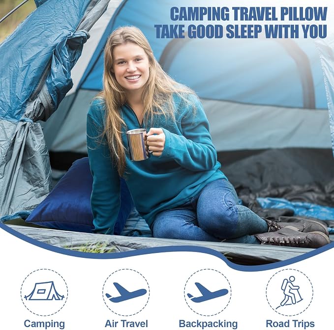 SmoothNovelty 2 Pack Camping Pillow for Sleeping Shredded Memory Foam Travel Pillow with Storage Bag, Compressible Portable Pillow for Outdoor Camp Backpacking Hiking Essential Gear(Blue,Medium)