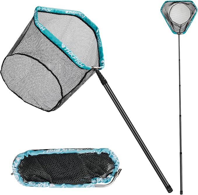 THKFISH Folding Aluminum Fishing Landing Net with Extra Long Telescoping Pole Handle,Extend to 82-157 Inches (98” Telescopic Handle/17.7” Hoop Size), Blcak