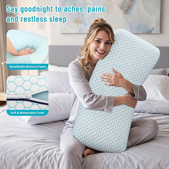 CushyOasis Memory Foam Pillows for Side, Back and Stomach Sleepers, Set of 2, Bed Pillow with Washable Cover and Breathable Mesh, Bed Pillow for Sleeping (Blue，King Size)