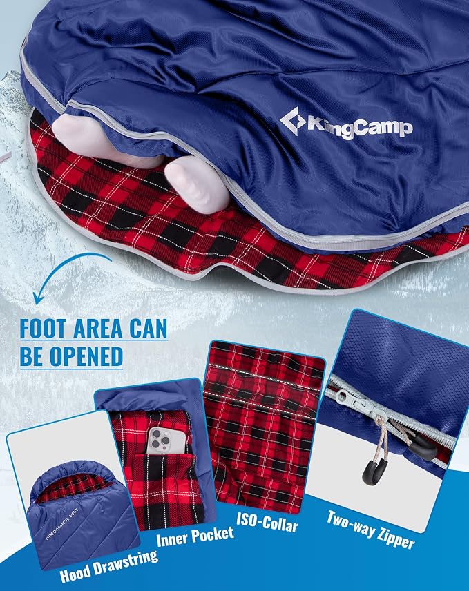 KingCamp Sleeping Bag for Adults Big and Tall, Cold Weather Camping Sleeping Bag with Soft 100% Cotton Flannel Lining, Portable Lightweight Outdoor Traveling & Car Camping