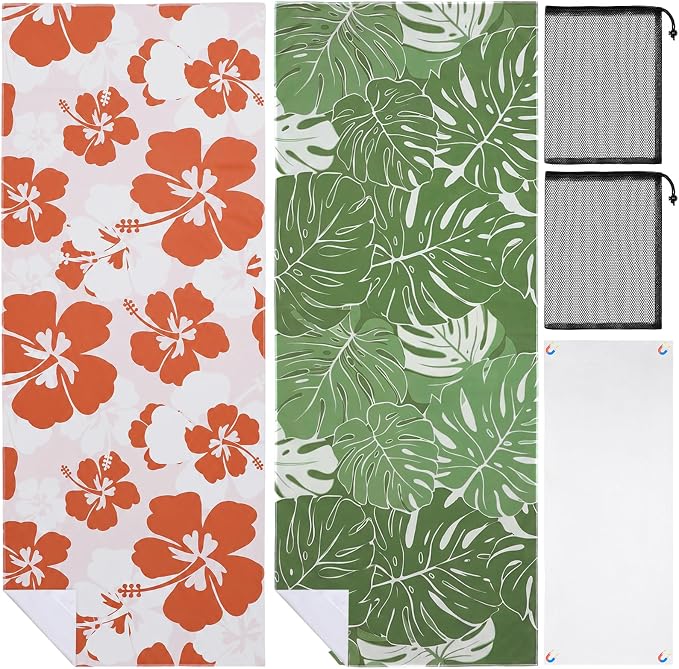 2 Pack Magnetic Beach Towels 74.8"x30" Microfiber Magnetic Towel Quick Dry Travel Towel Tropical Hibiscus Monstera Large Sand Free Towels for Beach, Swim Pool, Camping, Gym, Sports Yoga